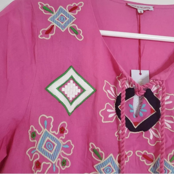 Frances Valentine Capri Embroidered Tunic Dress Pink Small Boho Cruisewear Beach - Picture 12 of 14